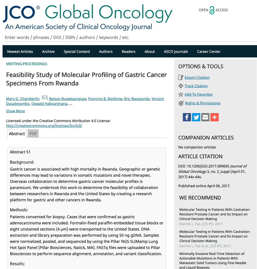 Screenshot of the web view of the JCO Global Oncology article entitled Feasibility Study of Molecular Profiling of Gastric Cancer Specimens From Rwanda