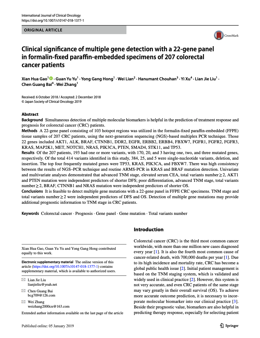 Screenshot of the first page of the article entitled "Clinical significance of multiple gene detection with a 22-gene panel in formalin-fixed paraffin-embedded specimens of 207 colorectal cancer patients