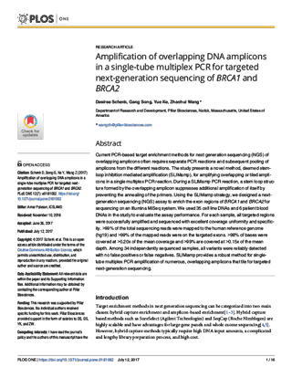 First page of PLOS publication entitled Amplification of overlapping DNA amplicons in a single-tube multiplex PCR for targeted next-generation sequencing of BRCA1 and BRCA2