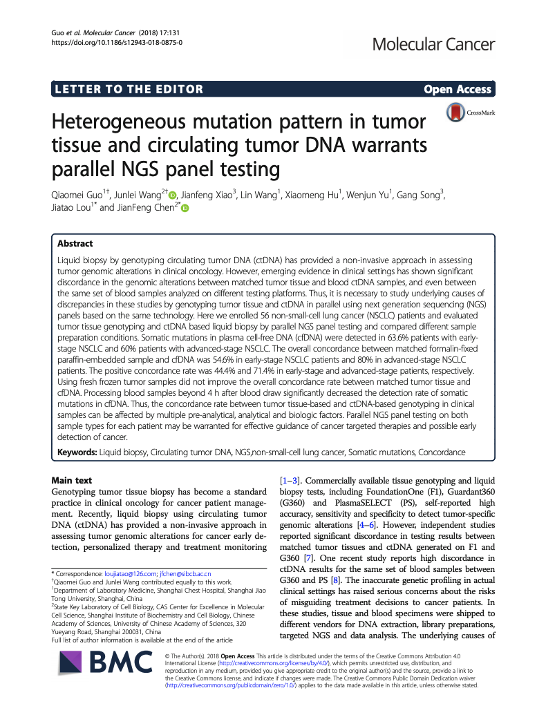 Screenshot of the Molecular Cancer letter to the editor entitled "Heterogenous mutation pattern in tumor tissue and circulating tumor DNA warrants parallel NGS panel testing"